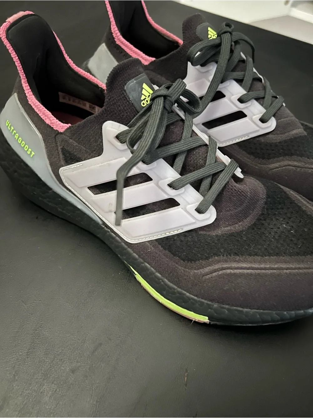 Adidas UltraBoost Women’s Black Sneakers with Pink Trim and Lime Logo